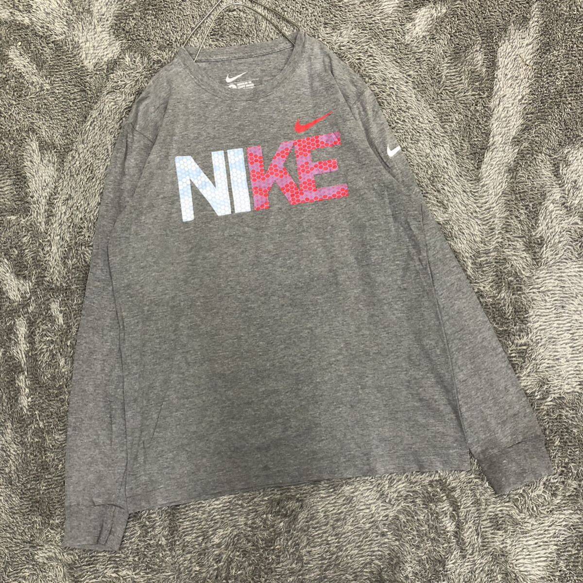 NIKE ナイキ 長袖Tシャツ ロンT 長袖カットソー サイズL プリントロゴ グレー コットン クルーネック メンズ トップス 最落なし （U19）_画像1