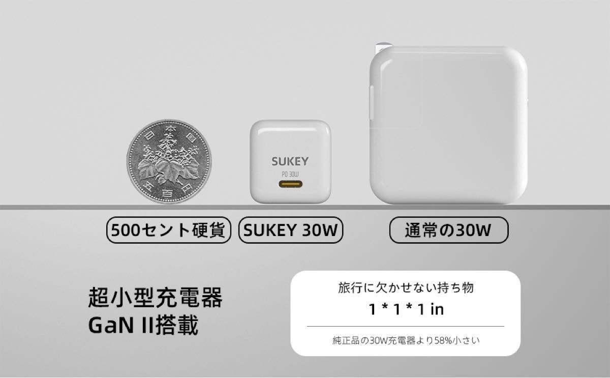 30W急速充電器　2m 充電 変換アダプタ 急速充電 Type-C USB iPhone スマホ ホワイト iPhoneイヤホン