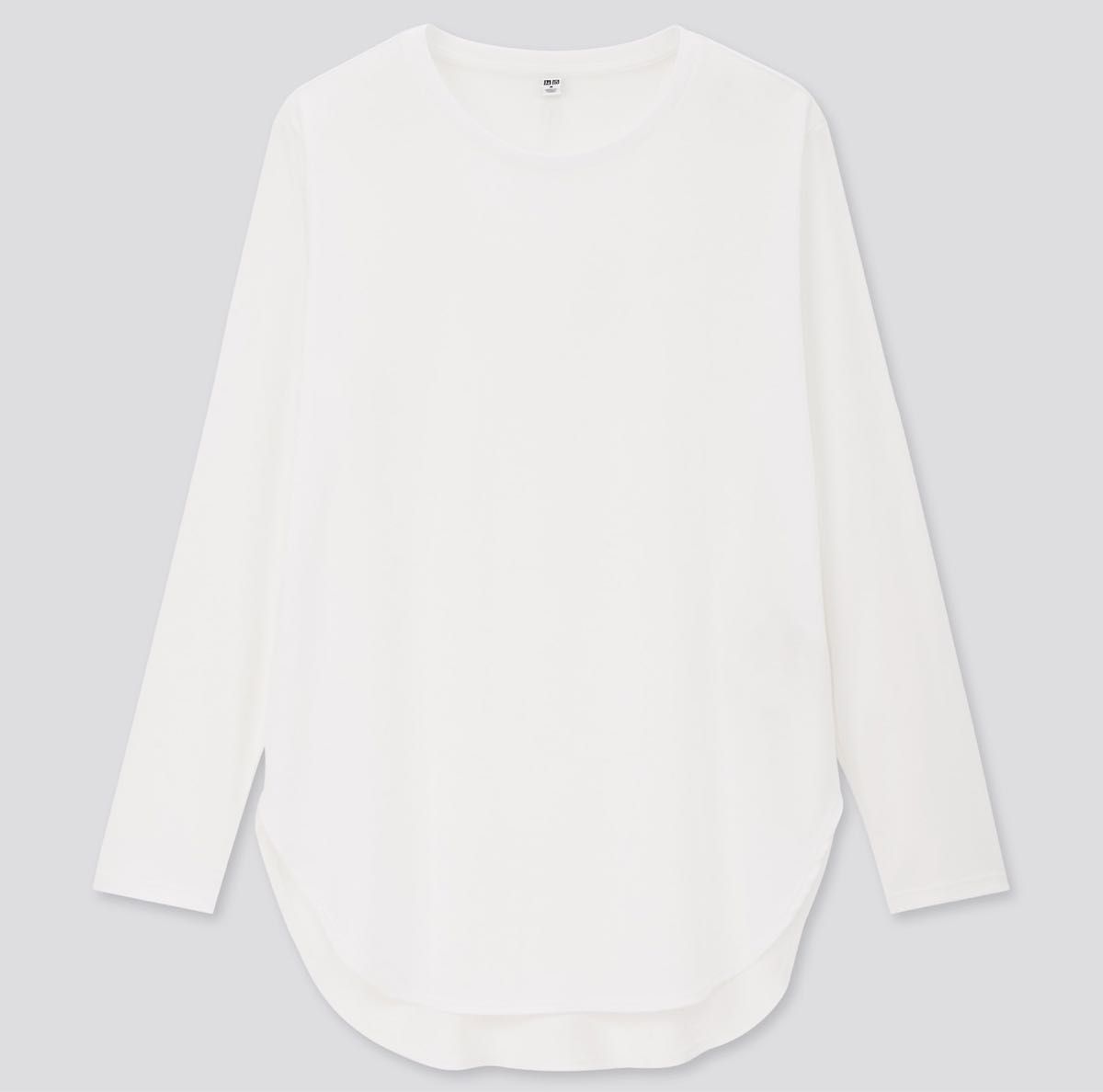 【新品】UNIQLO ユニクロ コットンロングシャツ テール XL  白 ホワイト Tシャツ カットソー 無地　長袖 クルーネック