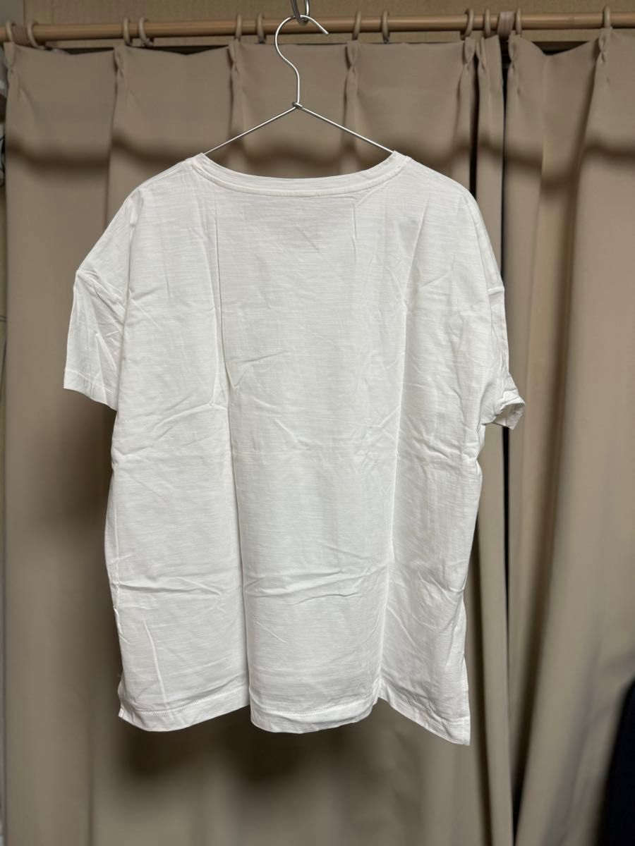 新品】無印良品　XXL MUJI  Vネック Tシャツ レディース 半袖 白 ホワイト 糸 天竺編みムラ凸凹肌オーガニックコットン