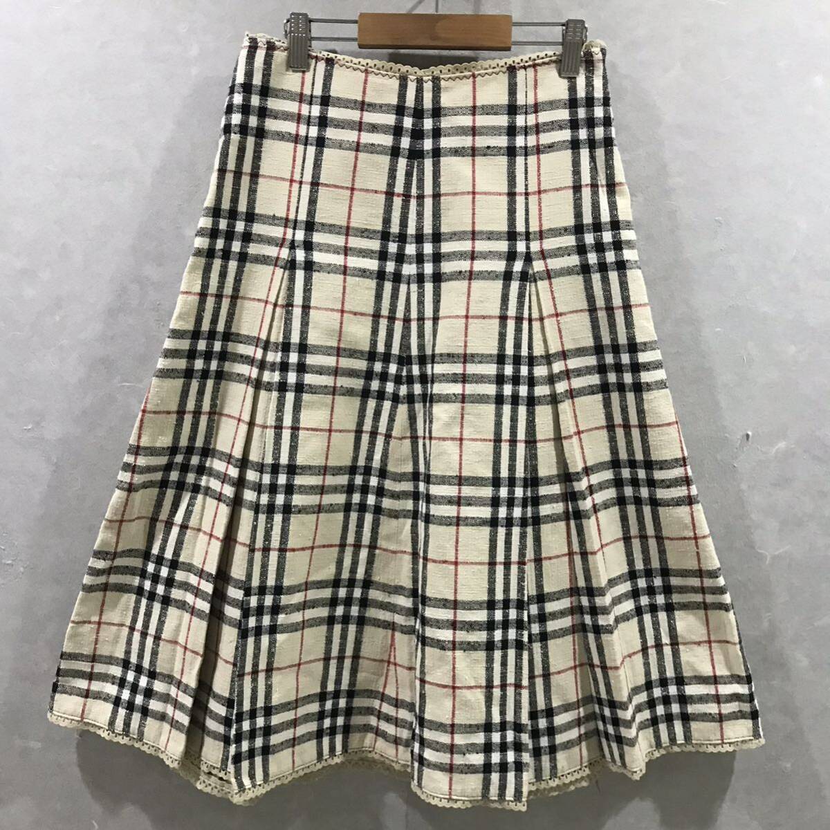 美品 BURBERRY BLUE LABEL/バーバリーブルーレーベル ロングスカート ノバチェック Aライン/フレア リネン ボトムス/ベージュ/38|
