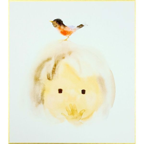 いわさきちひろ 「小鳥と少女（白額）」 複製画　ちひろ美術館監修の色紙　額入り　児童画　かわいい　女の子　ことりのくるひ　水彩画_いわさきちひろ 「小鳥と少女」