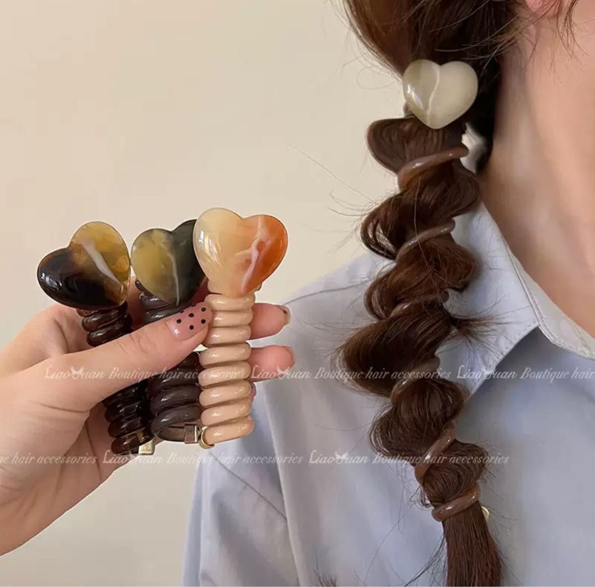 ハート【ピンク】くるくるヘアアクセサリー　簡単ヘアアレンジ　三つ編み　ポンパアレンジ　ツインテール　ポニーテール　髪飾り　ヘアゴム