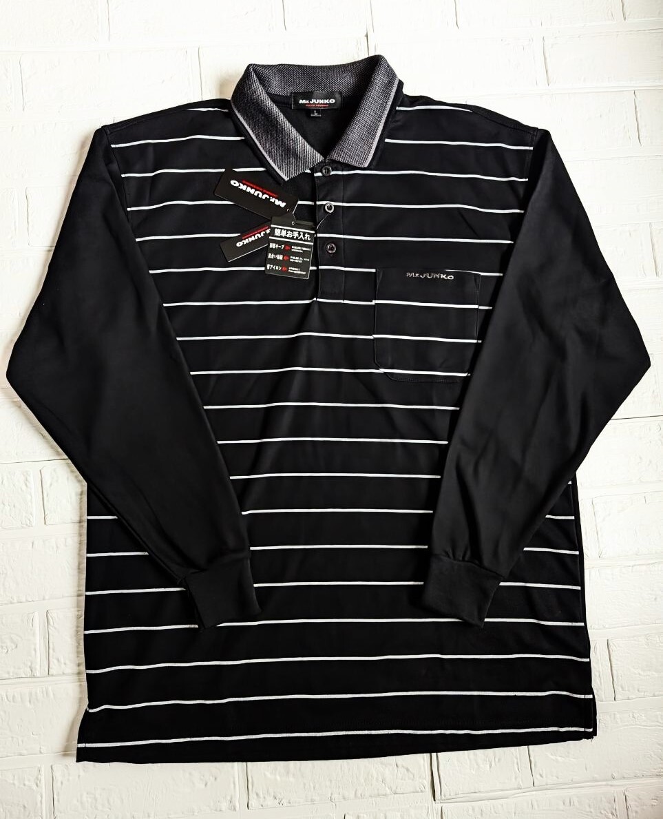 [ new goods ] tag attaching * Mr.JUNKO Mr. Jun ko polo-shirt with long sleeves size L black black border Logo embroidery Dan ti gentleman feeling of luxury *