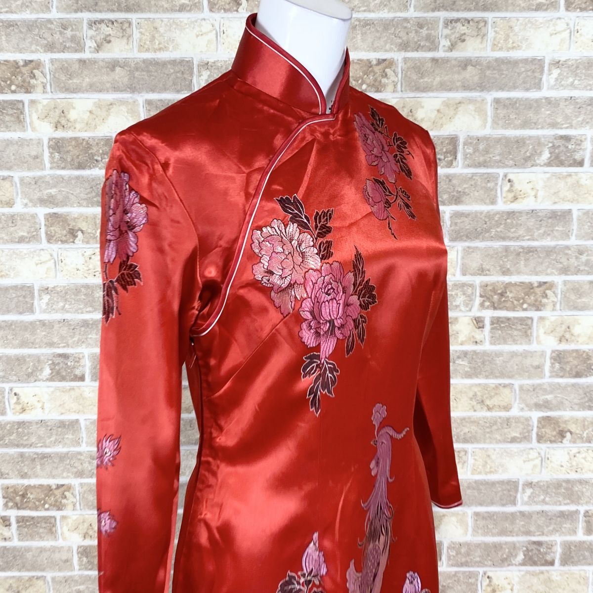 1 jpy China dress dragon . middle type clothes equipment quotient shop manager sleeve long One-piece red color dress kyabadore presentation formal used 4731