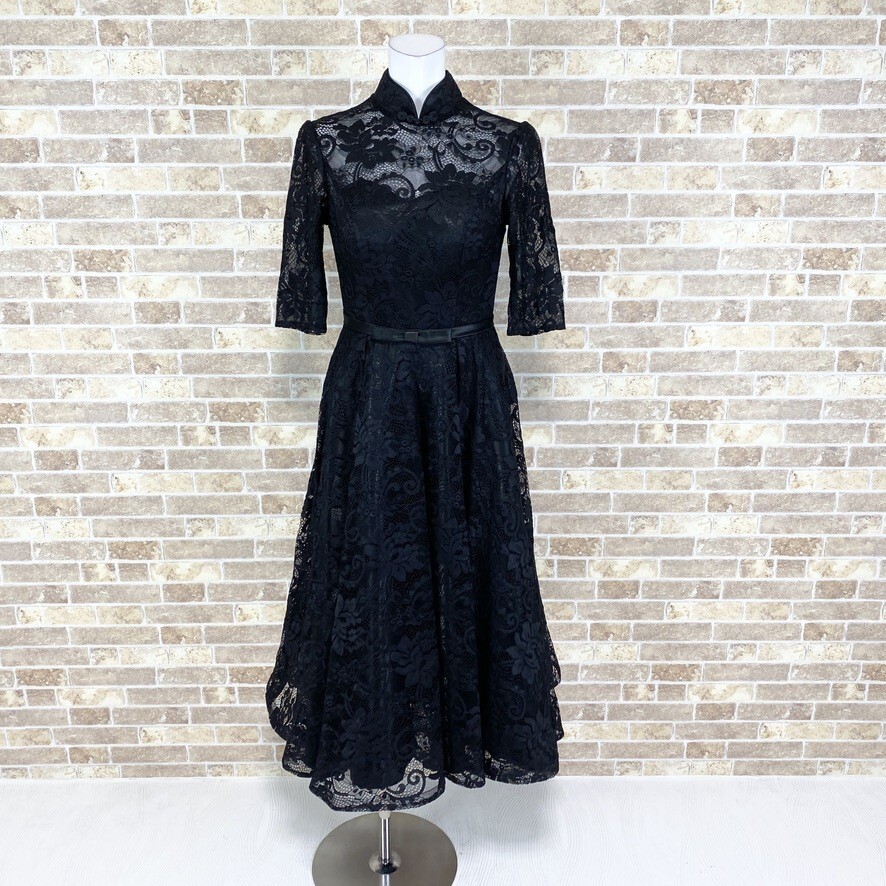 1円 ドレス 立ち襟 ロングドレス 黒 カラードレス キャバドレ 発表会 イベント 中古４２１１の画像1