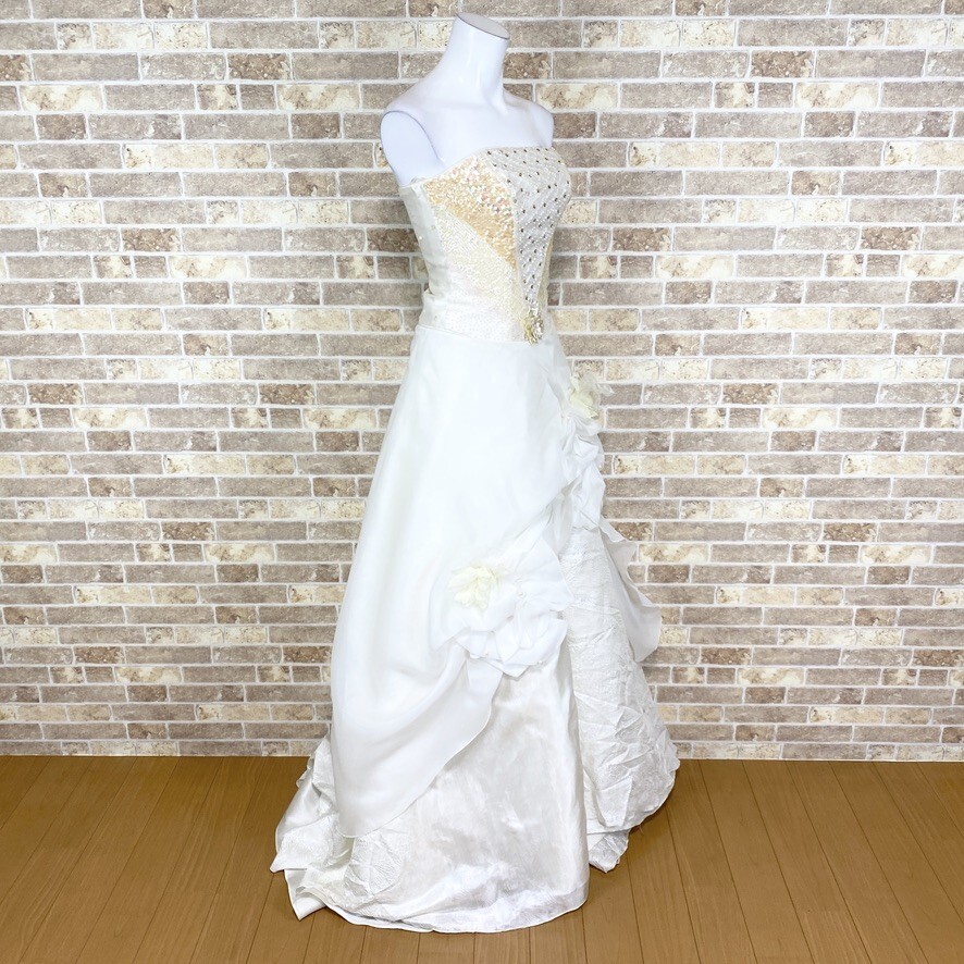 1円 ウエディングドレス ロングトレーン カラードレス 白 お色直し 発表会 フォーマル イベント  中古４３８６の画像2