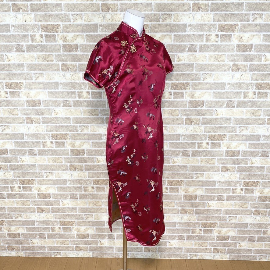 1円 チャイナドレス PAGODA ワンピース 赤系柄 大きめ カラードレス キャバドレ 発表会 フォーマル 中古４６１５_画像2