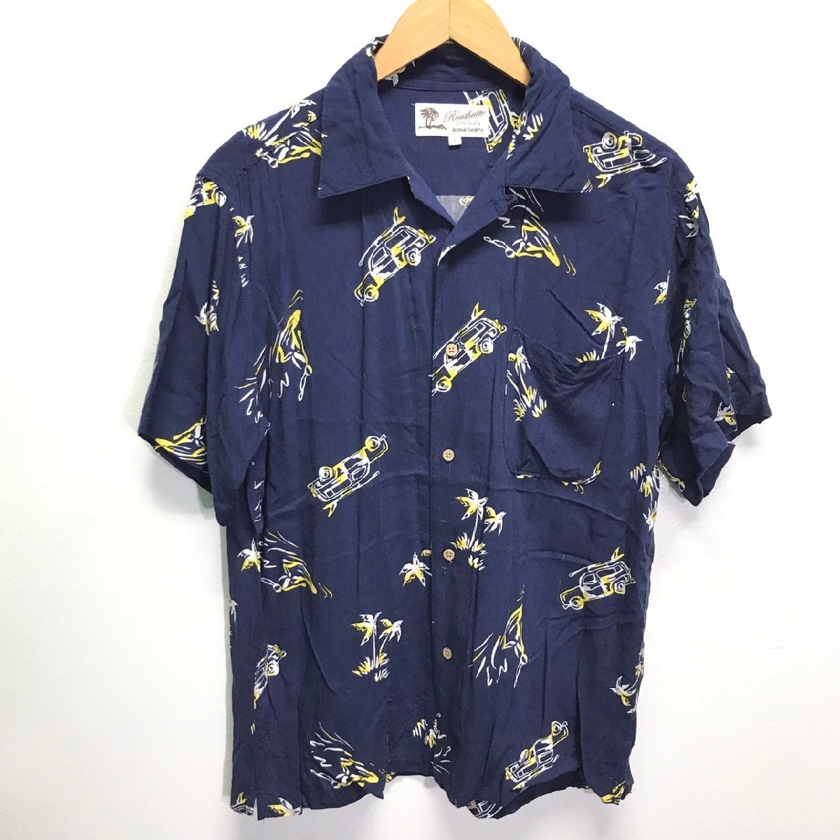 (^w^)b Roushatte ルーシャット ALOHA SHIRTS アロハ シャツ 半袖 ショートスリーブ オープンカラー 開襟 ヤシの木 車 ネイビー L 8755iE_画像1