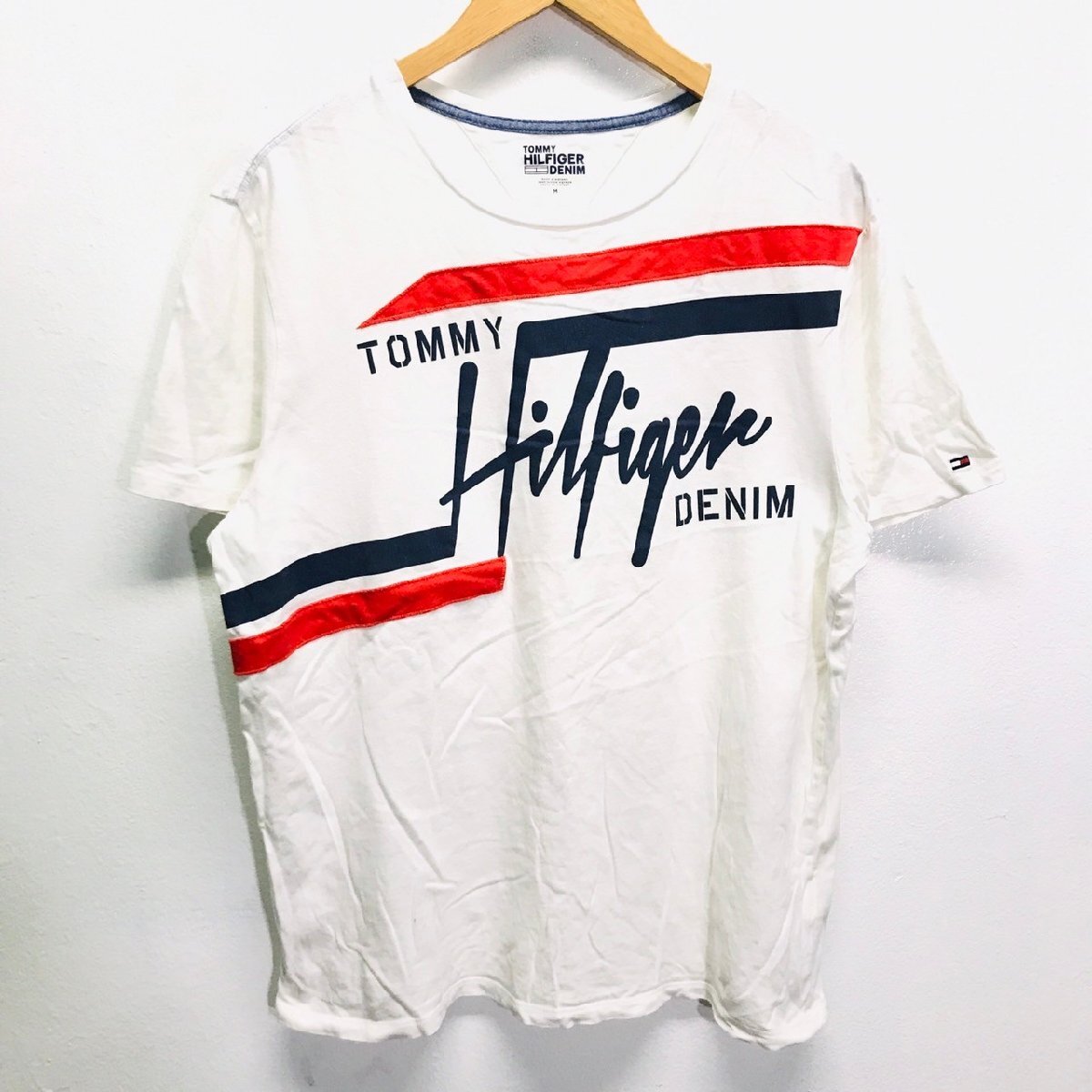 (^w^)b TOMMY HILFIGER トミー ヒルフィガー 半袖 ショートスリーブ T シャツ ビッグ ブランド ロゴ 刺繍 カジュアル ホワイト M 8759iE_画像1