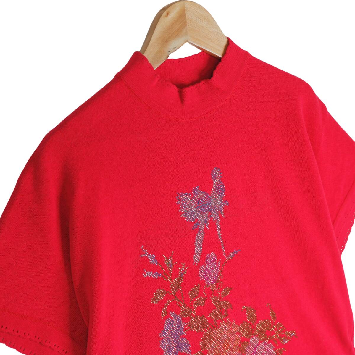 ◆新品 定価3.1万円◆ 伊太利屋 イタリヤ 豪華 ラインストーン サマーニット 半袖 カットソー Tシャツ 赤 レッド レディース 11 L 0814E0の画像2