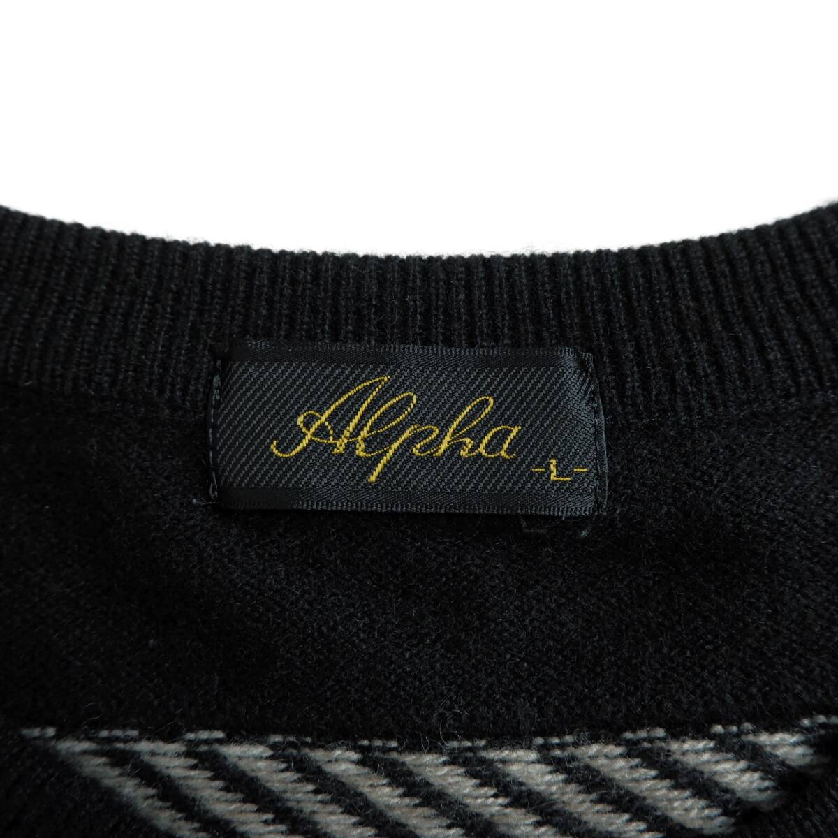 ◆良品 カシミヤ 100%◆ Alpha アルファー ケーブル編み ボーダー 長袖 ニット セーター 黒 ブラック メンズ L ◆送料無料◆ 1474E0
