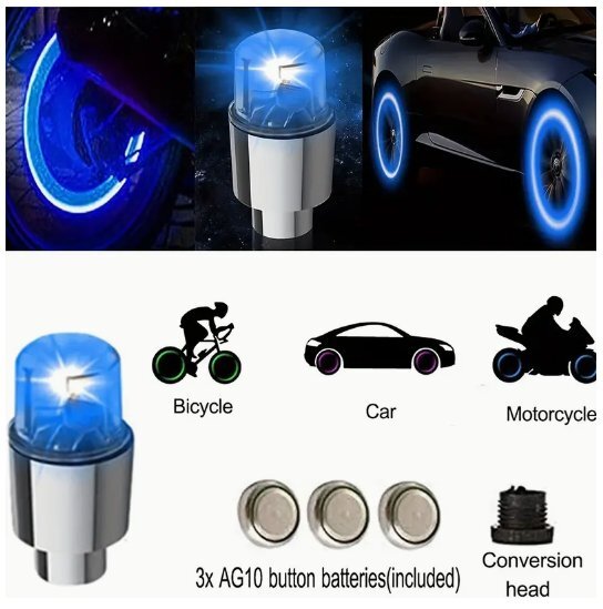 光るバルブ 2個セット　ブルー タイヤ LED エアバルブキャップ ドレスアップカスタム 車外アクセサリー 車 バイク 自転車　安全 