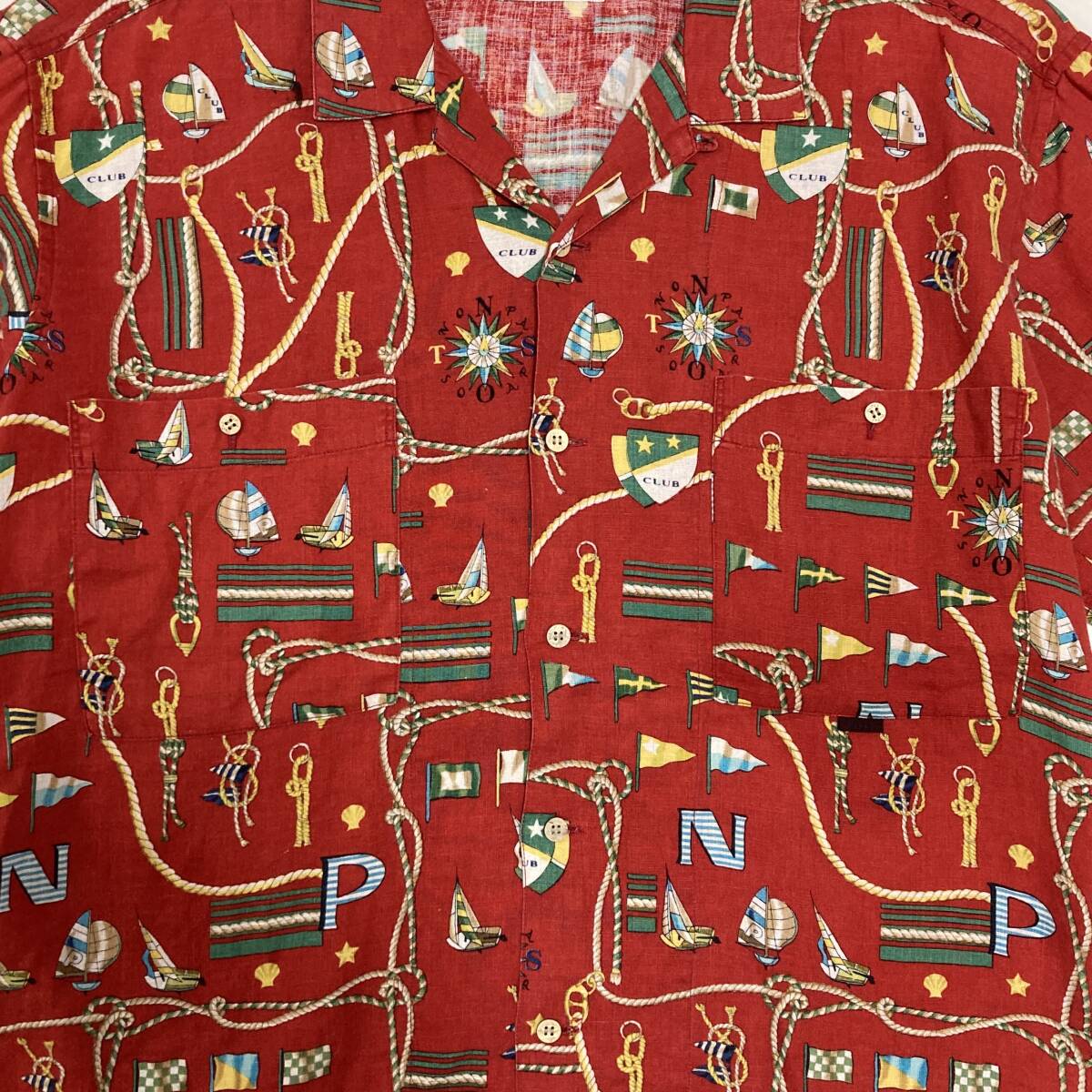Papas ISLAND リネン 総柄 アロハシャツ 赤 Lサイズ 大きいサイズ パパス アイランド 半袖シャツ 麻 開襟 オープンカラー 3090065_画像9