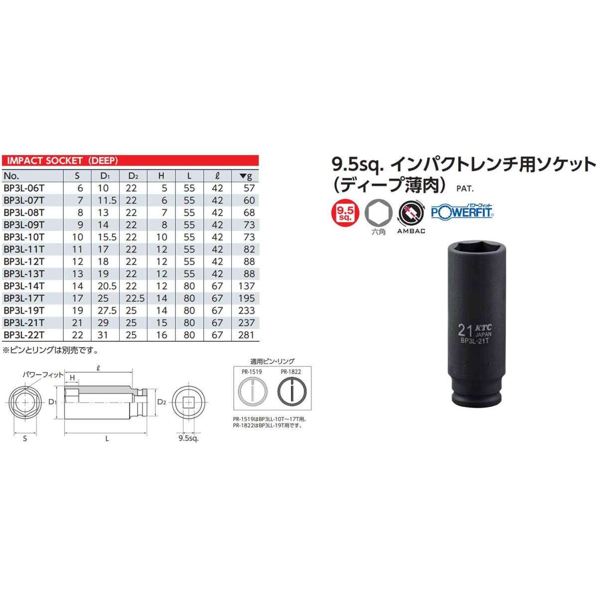 【特価商品】京都機械工具(KTC) 9.5mm (3/8インチ) インパクトレンチ ソケット (ディープ薄肉) BP3L-11T_画像2