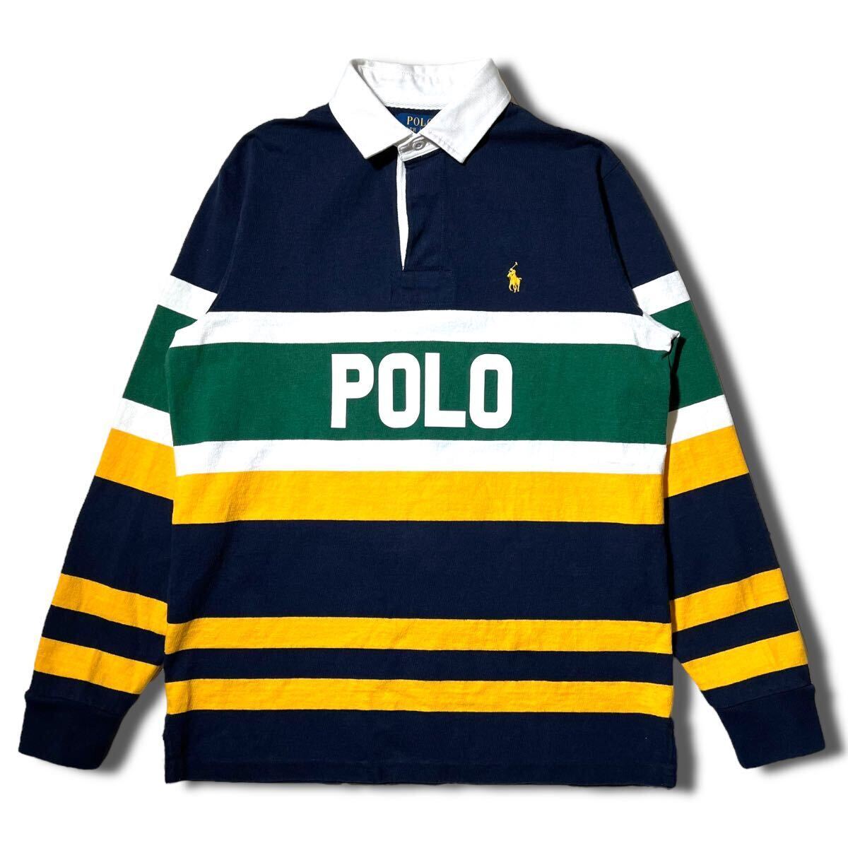 極美品 現行 POLO RALPH LAUREN 定価 27,900円 ストライプ ロゴ ラグビー シャツ ラガー ボーダー 長袖 S ポロ ラルフローレン_画像1