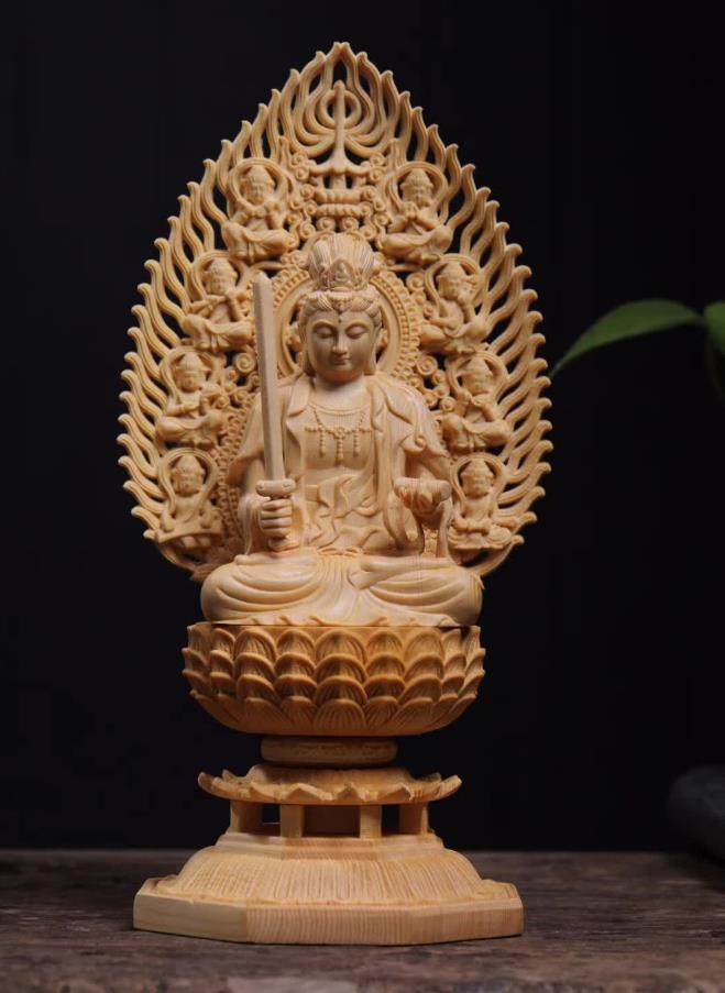 仏教美術 精密彫刻 仏像 手彫り 木彫仏像 文殊菩薩座像高さ約28.5cm_画像1