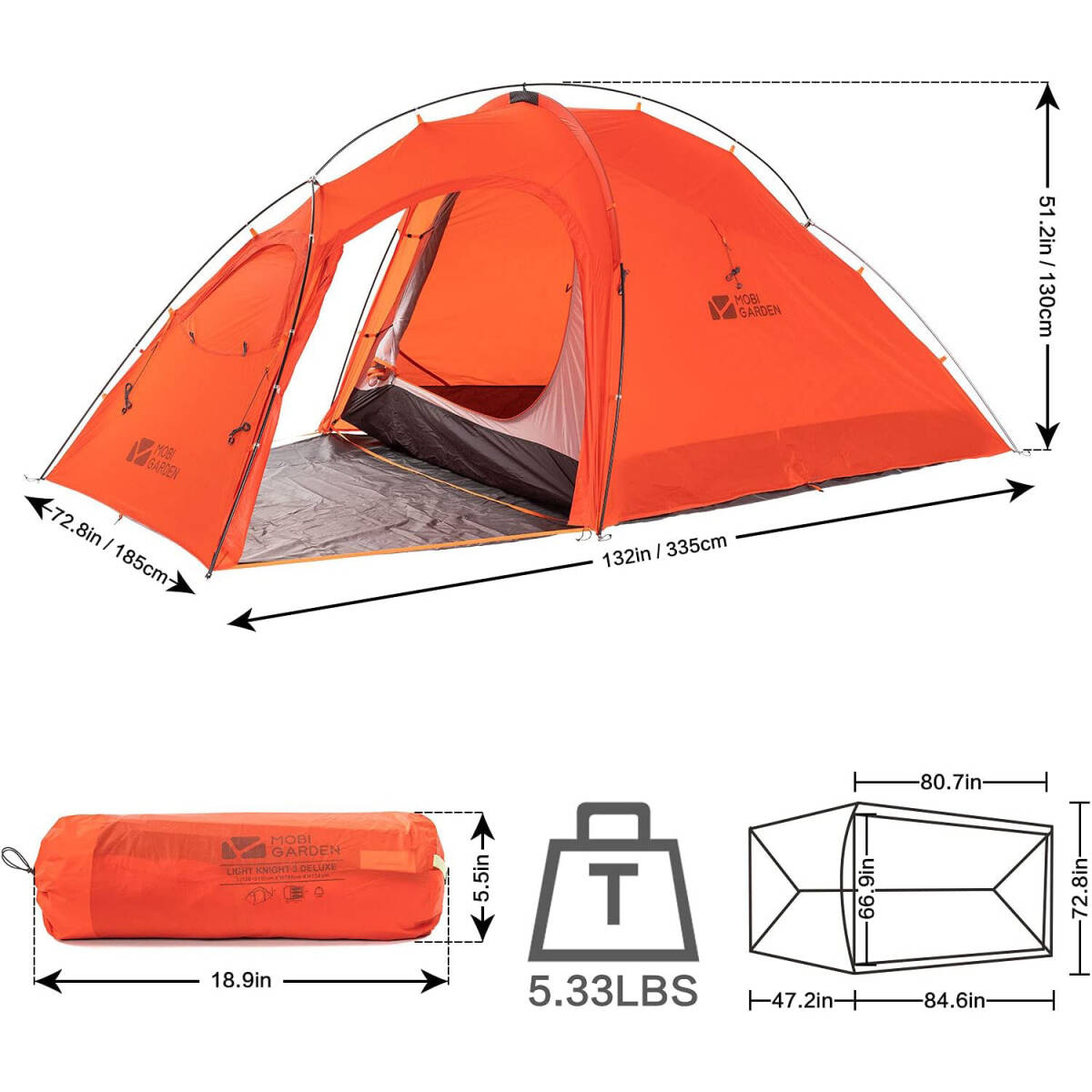 MOBI GARDEN(モビガーデン) LIGHT KNIGHT 3 DELUXE TENT キャンプテント 1~3人用 バックパッキングテント 防水 軽量 コンパクト オレンジ_画像3