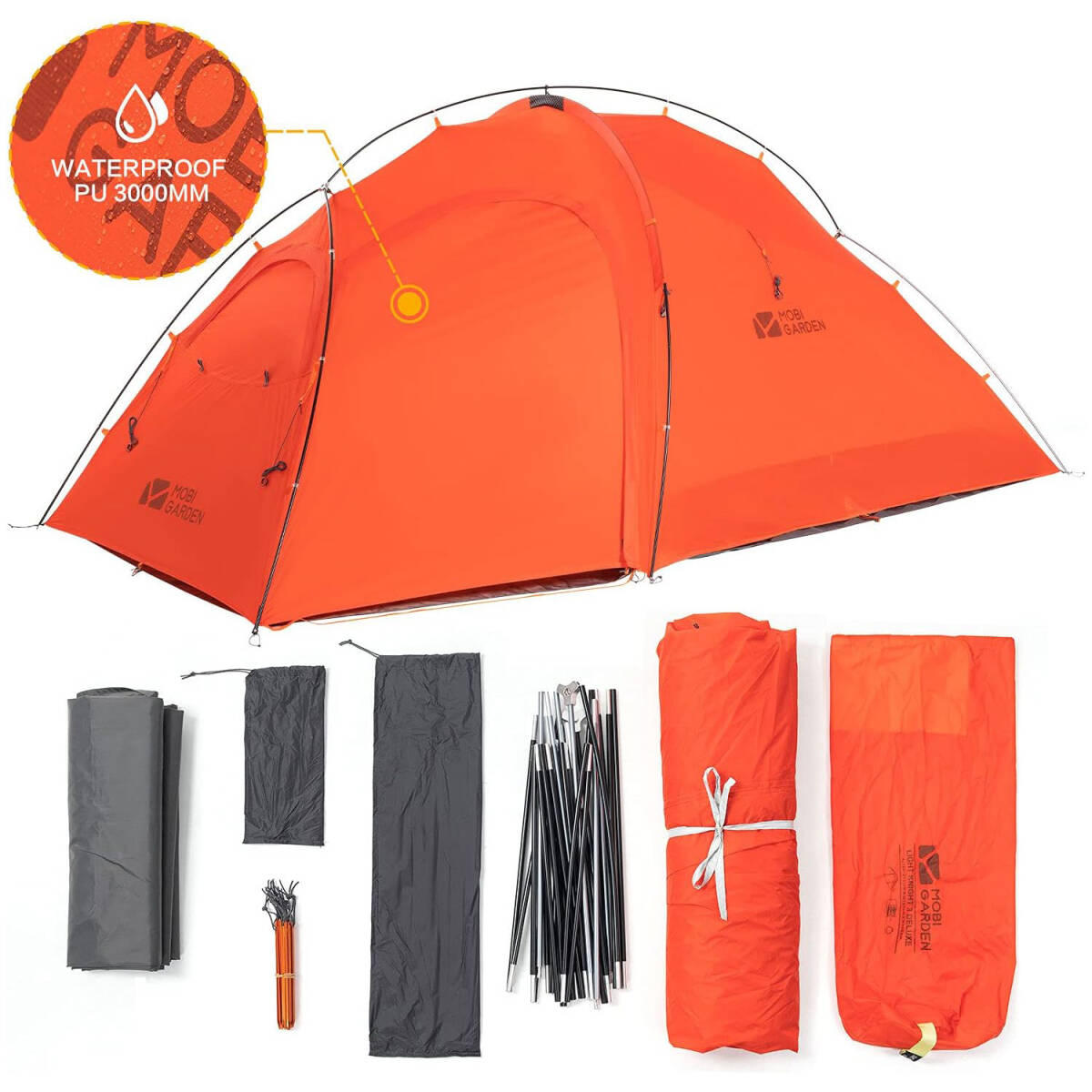 MOBI GARDEN(モビガーデン) LIGHT KNIGHT 3 DELUXE TENT キャンプテント 1~3人用 バックパッキングテント 防水 軽量 コンパクト オレンジ_画像6