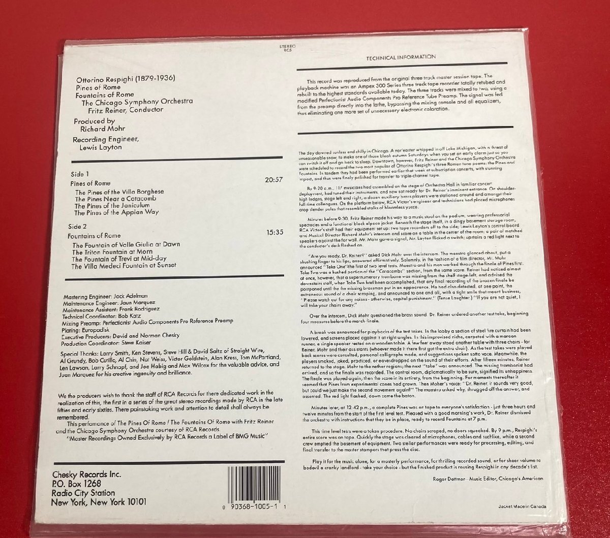 【レコードコレクター放出品】 LP ライナー レスピーギ ローマの松 ローマの噴水 HQ-180g 重量盤 カナダ盤 CHESKYの画像2