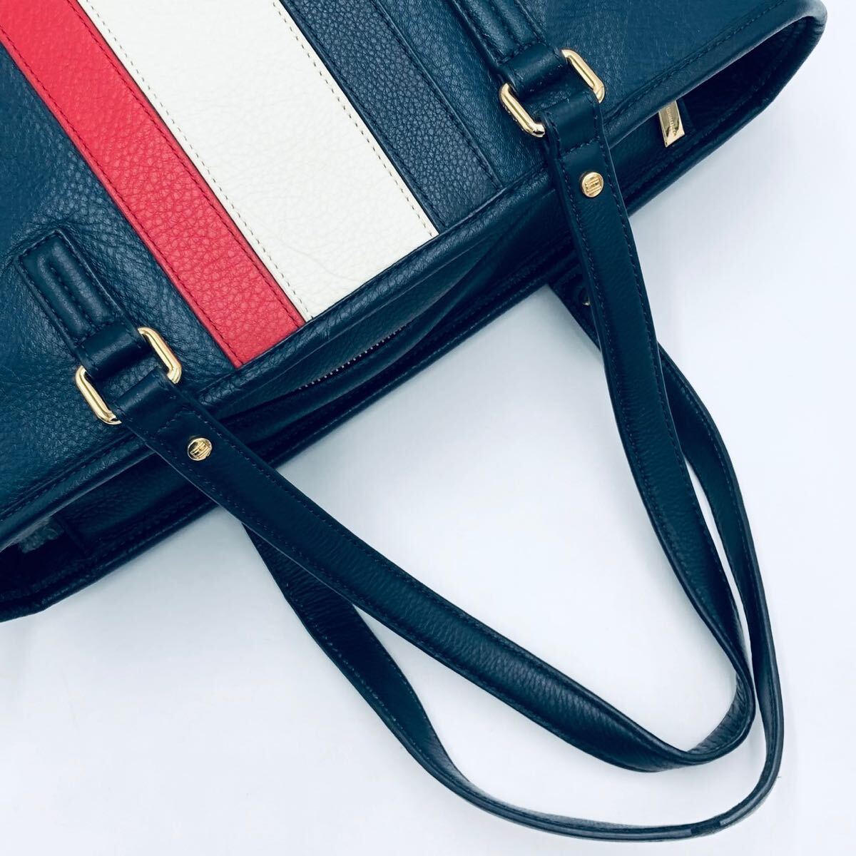 1円~[極美品] TOMMY HILFIGER トミヒルフィガー トリコロール 牛革 オールレザー メンズ ビジネスバッグ ブリーフケース 肩掛け A4+PC可 紺_画像8