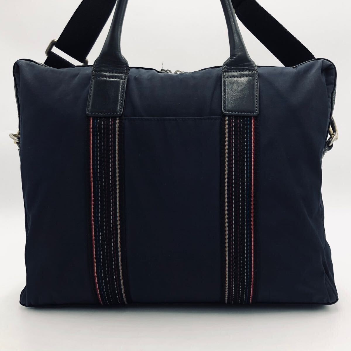 1 jpy ~ ultimate beautiful goods Paul Smith Paul Smith 2way multi stripe men's business tote bag briefcase diagonal ..A4+PC possible leather navy blue 