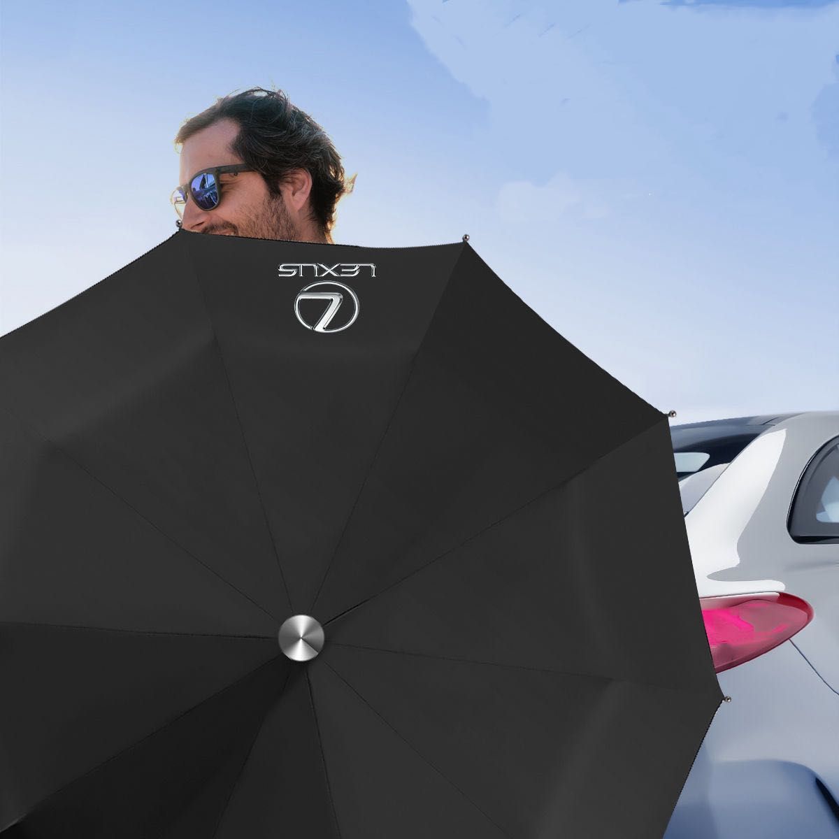 LEXUS車専用　折りたたみ傘　車脱出金属ヘッド付　自動開閉式　雨傘　晴雨兼用　梅雨対策 　折り畳み傘　レザーロゴ　傘 レクサス