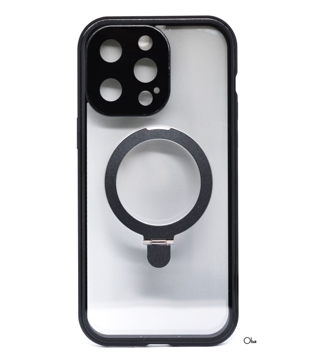 iPhone15ProMaxケース ブラック マグネット&ロック 両面ガラスケース 覗き見防止 レンズ保護 マグネットリング