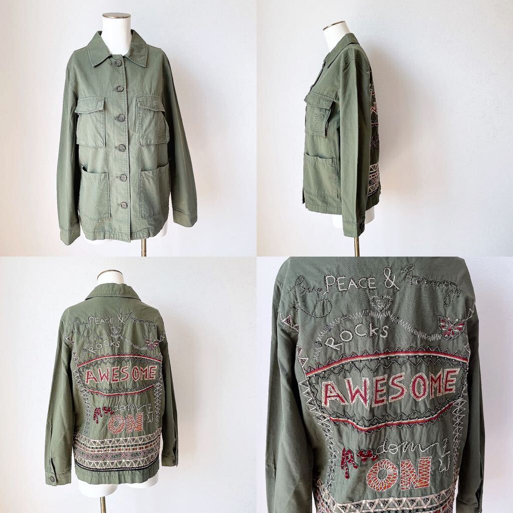 おしゃれZARAザラ刺繍ビーズ文字ロゴ ミリタリー カーキ シャツ おしゃれZARAザラ刺繍ビーズ文字ロゴ ミリタリー カーキ シャツ