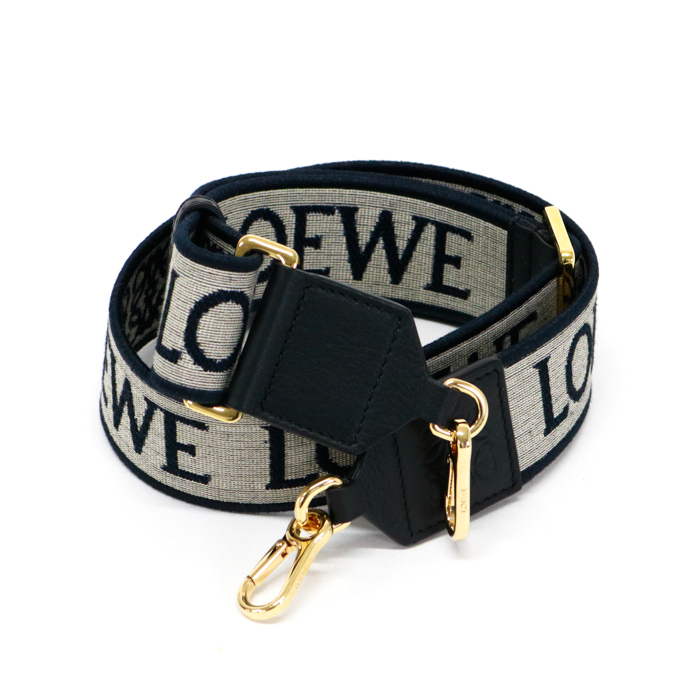 ロエベ LOEWE アナグラム ストラップ ジャカード レザー C073T87X01 ショルダーストラップ ネイビー ブラック 中古 mba07007_画像2