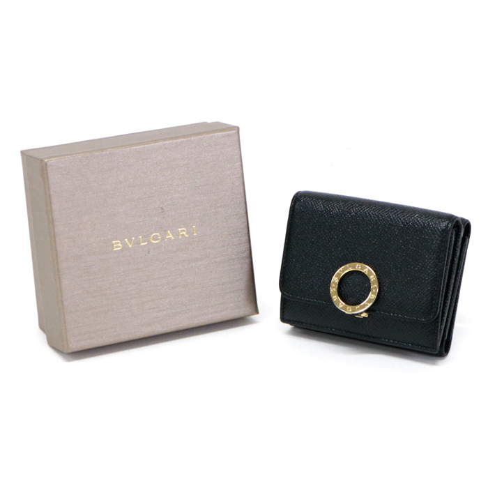 ブルガリ BVLGARI 三つ折り財布 グレインレザー 288651 クリップ トリフォールドウォレット ブラック ゴールド 中古 mba07008_画像2