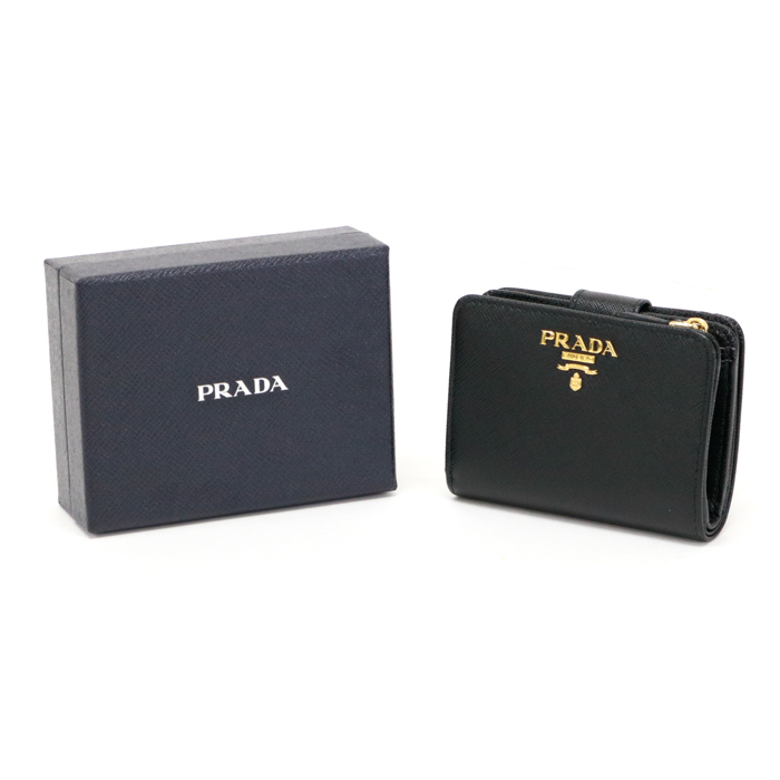 プラダ PRADA ミディアムウォレット サフィアーノ 1ML018 二つ折り財布 ネロ ブラック ゴールド 美品 中古 mba07009_画像1