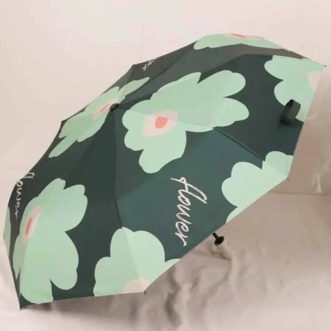 【晴雨兼用・100％完全遮光】自動開閉 折り畳み傘 折り畳み日傘 頑丈 花柄 緑　日焼け防止