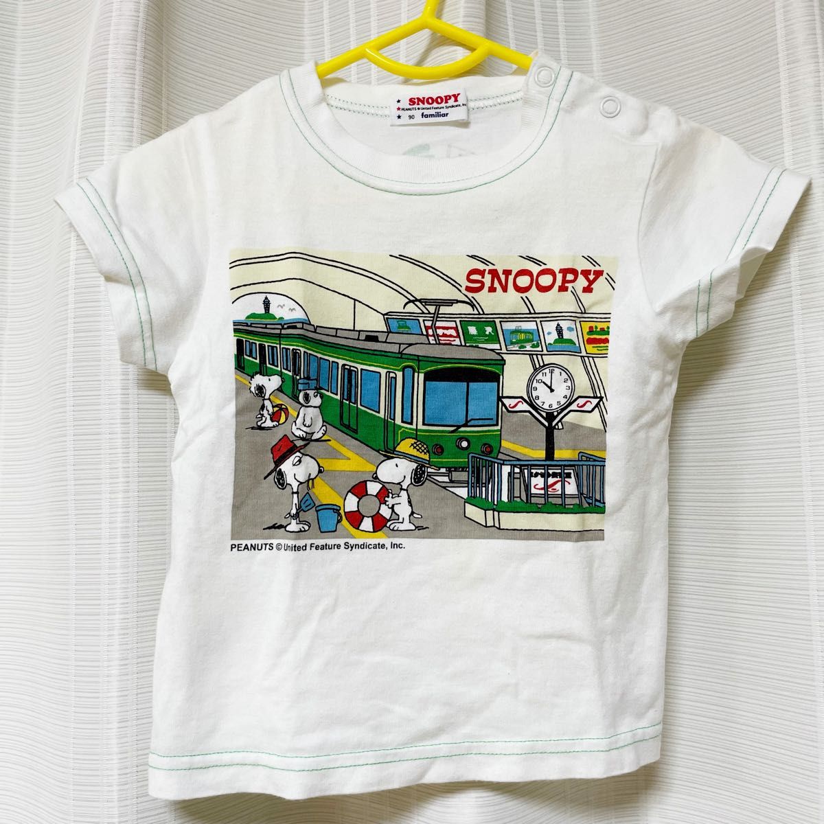 familiar スヌーピー Tシャツ 白 ホワイト 男の子 ボーイズ 半袖Tシャツ コラボ ファミリア でんしゃ 電車 グリーン