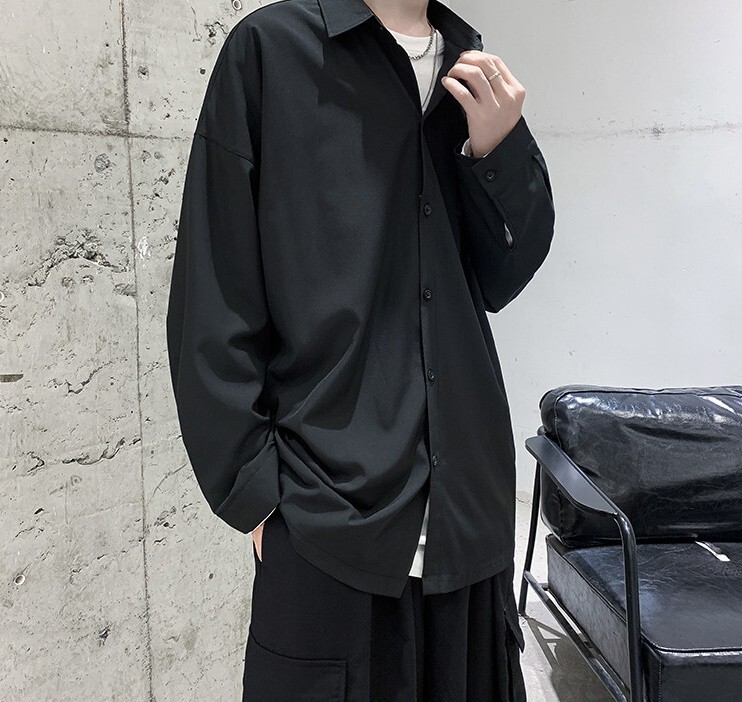 メンズ 長袖 シャツ 涼しい 2XL オーバーサイズ 黒 シンプル とろみ 韓国