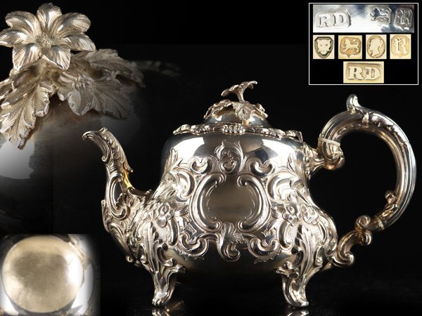 魁◆本物保証 英国製 1852年 アンティーク 純銀製 スターリングシルバー 美彫刻 ティーポット 重量810g RD工房_画像1