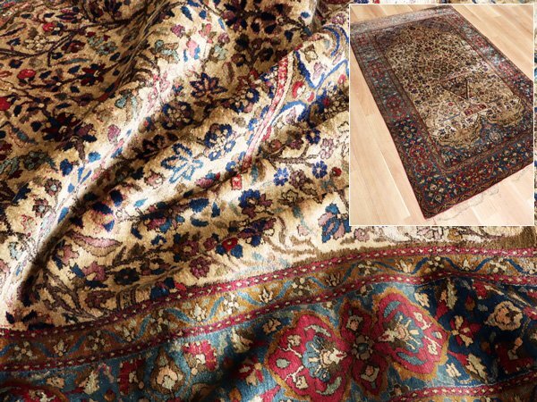 魁◆高級ペルシャ絨毯 ヴィンテージラグ シルク100% 手織り81万ノット 198×126㎝_画像1