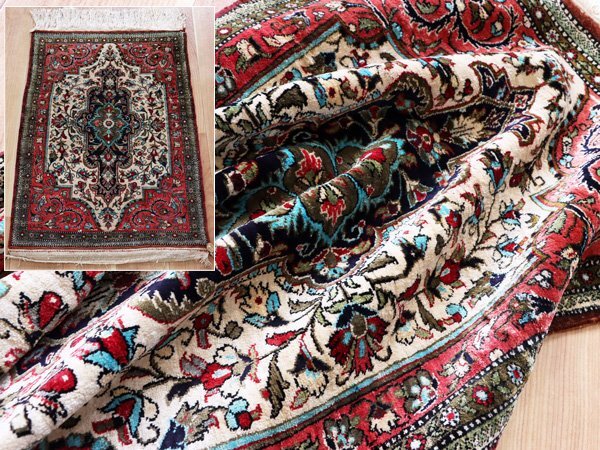 魁◆百貨店購入品 最高級ペルシャ絨毯 イラン クム産 シルク100% 細密手織り72万ノット 80×50㎝ メダリオン絨毯_画像1