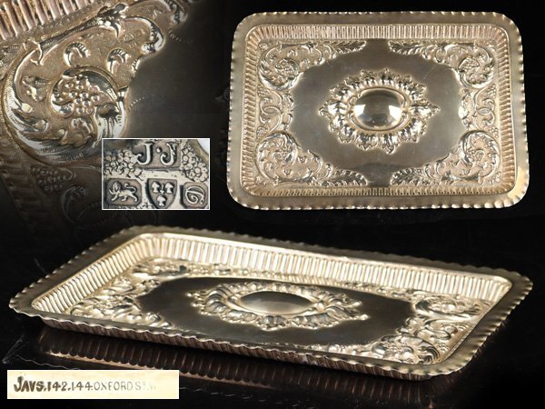 魁◆本物保証 英国製 1800年代 アンティーク 純銀製 スターリングシルバー トレイ 27×19㎝ 重量230g_画像1