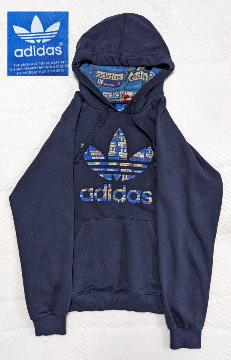 adidas アディダス パーカー デカロゴ マルチカラー フーディー　ネイビースウェット LOGO プルオーバー_画像1