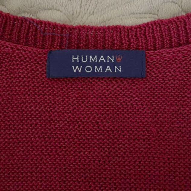 ヒューマンウーマン コットン100% カーディガン　赤　半袖　クルーネック 模様編み　綿　M ギマコットンかも_画像4