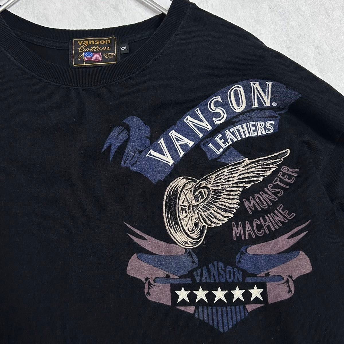 VANSON 刺繍 ワッペン 半袖カットソー ブラック XXLサイズ バンソン 大きいサイズ