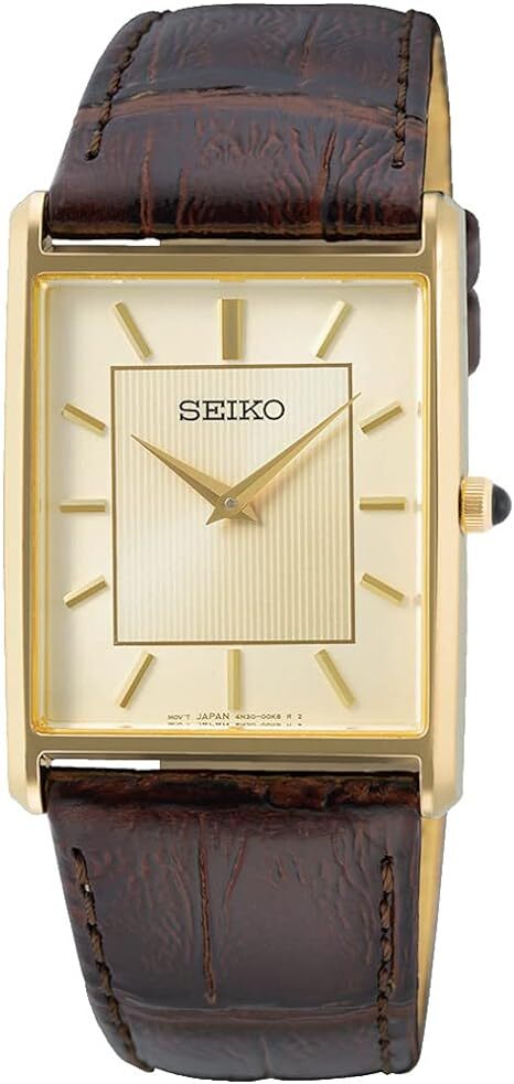 【新品】SEIKO/セイコー スクエア クォーツ シャンパンゴールド 革 レザー メンズ腕時計 ユニセックス 男性 ブラウン QZ_画像1