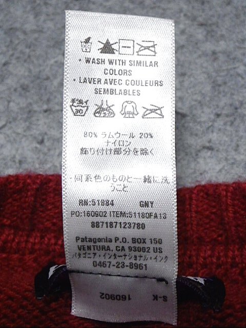 patagonia　パタゴニア　Ｖネック　ニット　セーター　ＸＳサイズ(袖・丈長目)　美品　赤＆紺バイカラー　５１１８０ＦＡ１３　２０１３年_画像7
