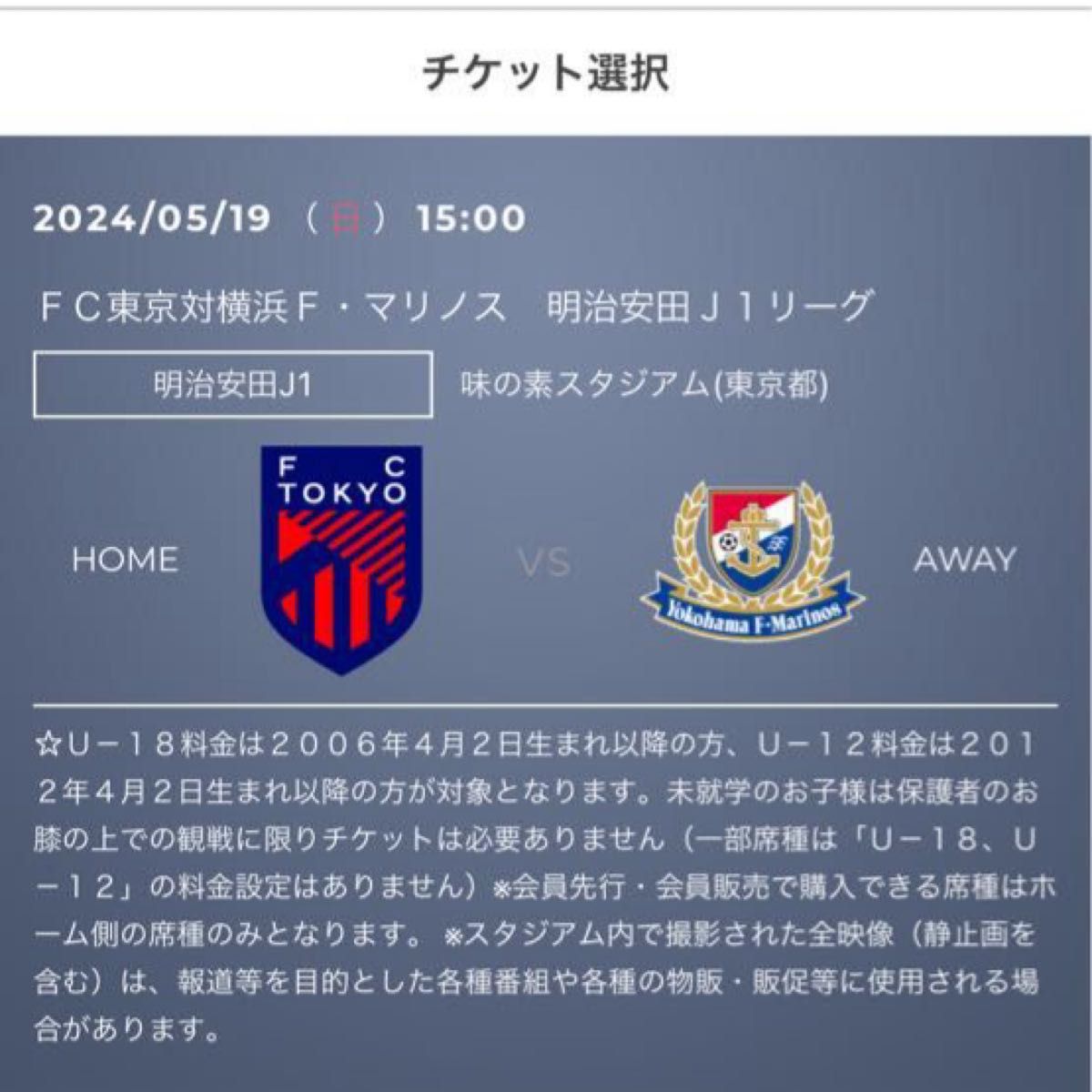 味の素スタジアム・FC東京vs横浜Fマリノス5/19（日）15時キックオフ・南サイド自由ペア（2枚）QRチケット 