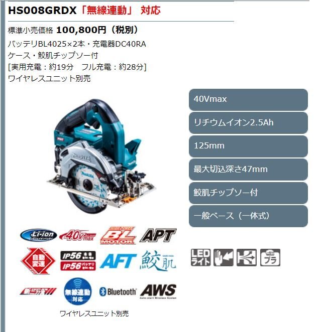 未使用品 makita/マキタ HS008GRDX 125ｍｍ充電式マルノコ （ブルー） 40V バッテリ2本・充電器・ケース・鮫肌チップソー付 無線連動対応_画像2