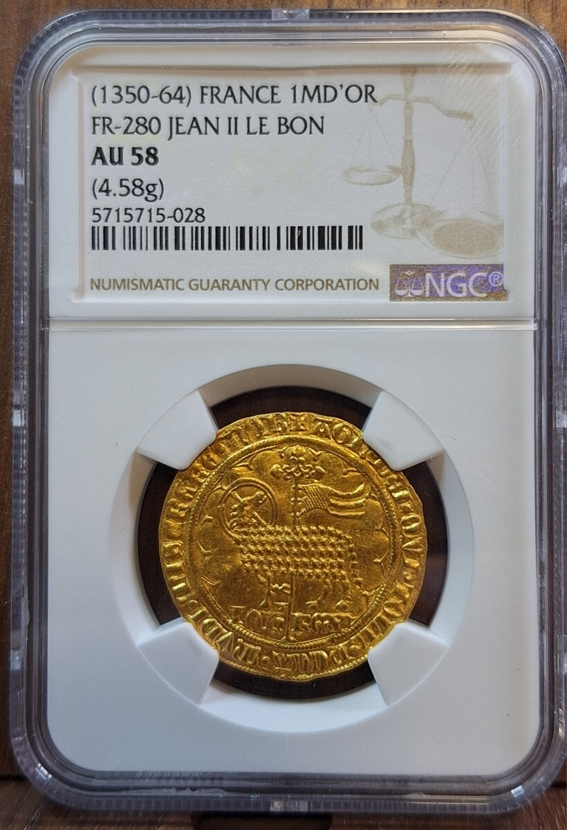 【鑑定品】フランス　ムートンドール　ジャン2世(1350-1364) le Bon(善良王)　NGC-AU　完全未使用品　NGC　古銭　金貨　鑑定済み　コイン_画像1