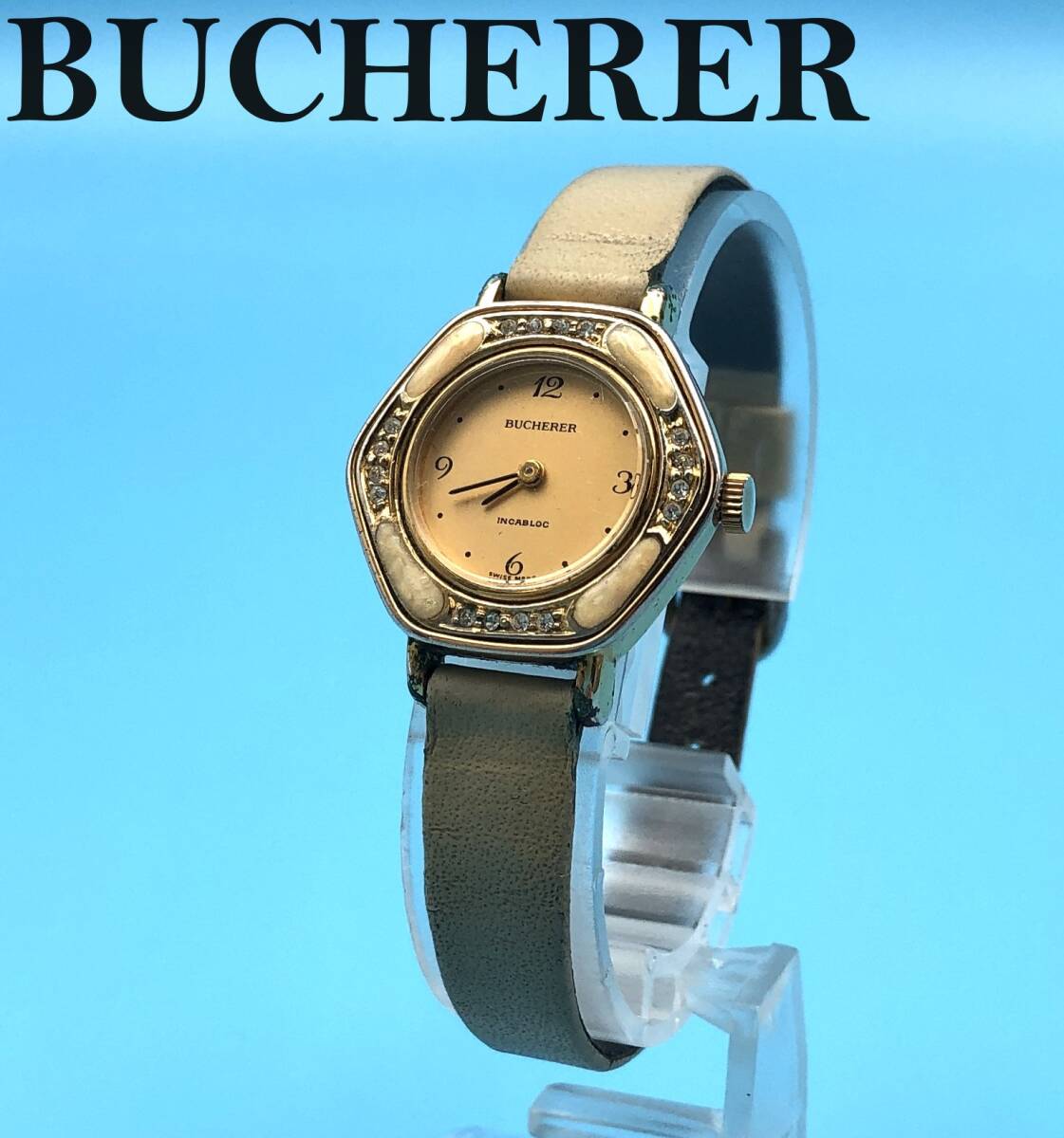 7703102-1【BUCHERER】ブッフェラー/レディース/腕時計/時計/スイス製/手巻き/稼働/ベージュ/6角形_画像1