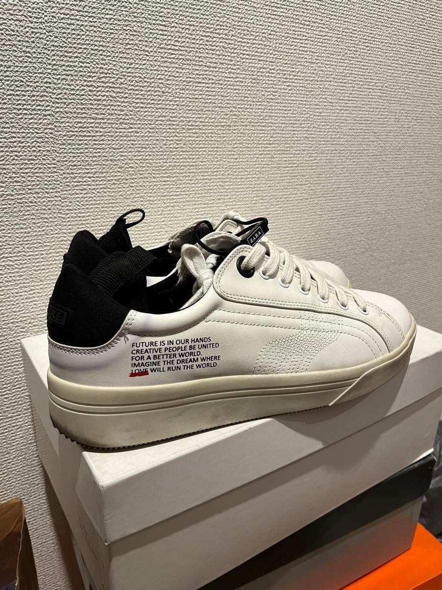 ザラ ZARA 美品 サイド ロゴ スニーカー 白 ホワイト ネイビー 靴 シューズ ユニクロ 42 27.5cm