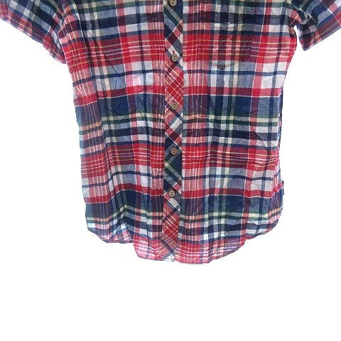 キューブシュガー CUBE SUGAR ステンカラーシャツ ブラウス チェック 半袖 M 赤 レッド /AU レディース_画像4